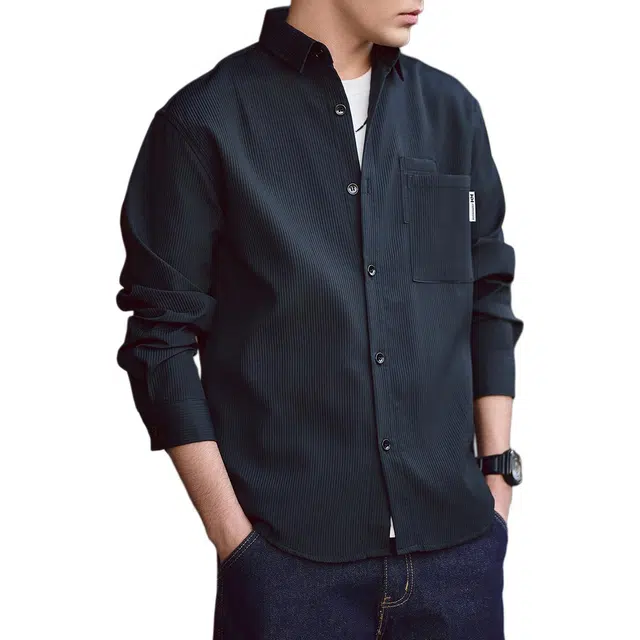 格蓝鹿 高级感条纹华夫格工装长袖衬衫 男女同款