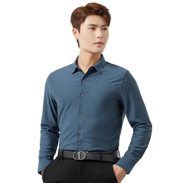 富铤 条纹舒适显瘦日常通勤休闲百搭单排扣长袖衬衫 男款