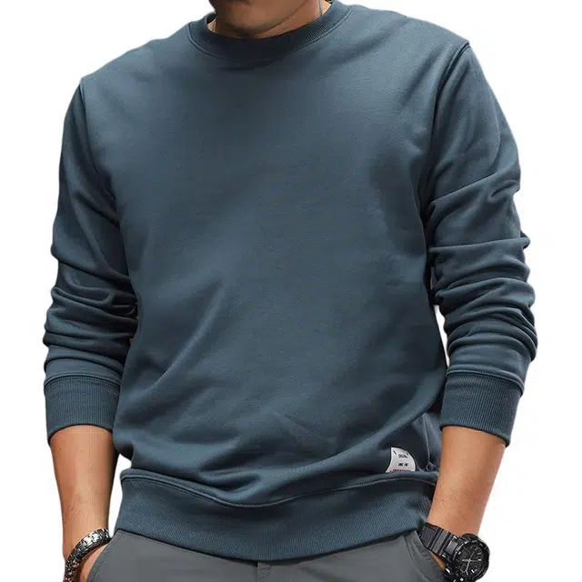 季言 纯色舒适圆领复古长袖卫衣 男款 深海绿