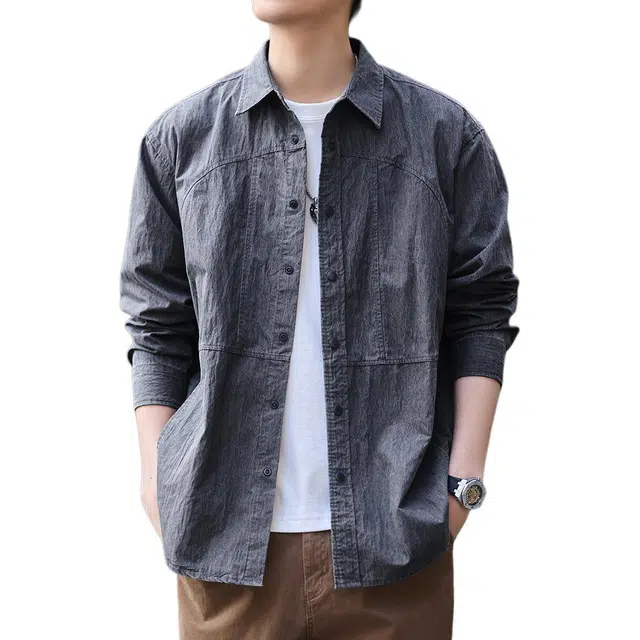 格蓝鹿 春季 潮牌宽松城市机能风格百搭通勤工装衬衣外套美式小众设计感复古水洗日常通勤长袖衬衫 男女同款