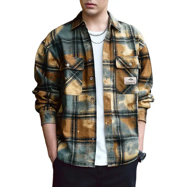 格蓝鹿 春季 休闲设计感工装徒步登山衬衣外套高端潮牌日系复古基础简约格子长袖衬衫 男女同款 卡其