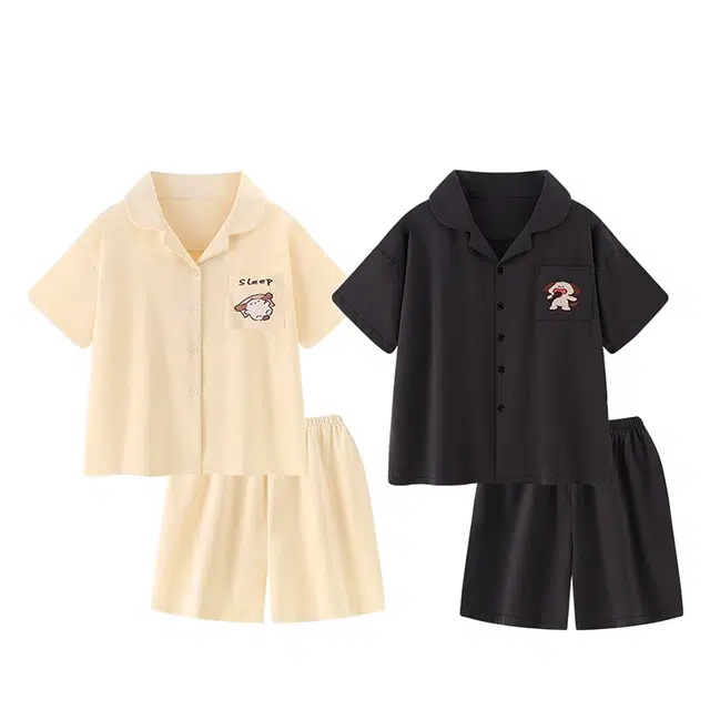 俏韵 翻领卡通短袖短裤家居服可外穿睡衣套装 男女同款