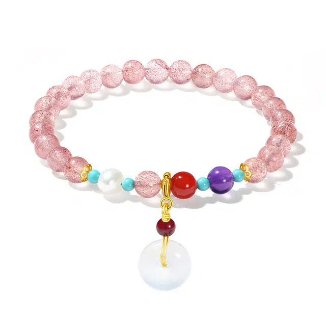 【官方已过香】 普陀山文创 桃花朵朵新中式个性吉祥如意平安扣好运连连百搭#好运 草莓晶 水晶手串 男女同款情侣款
