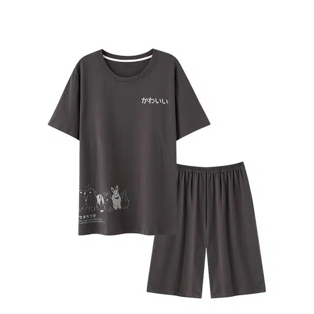 俏韵 时尚休闲可外穿圆领短袖五分裤睡衣套装 男款 深灰色