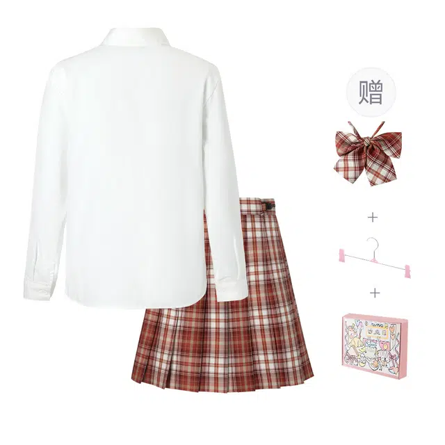 日暮星河 学院风休闲百搭舒适通勤长袖上衣日系百褶裙衬衫套装 女款 红茶拿铁
