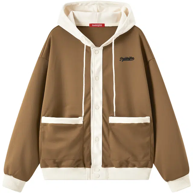 帕丁顿熊 撞色拼接植绒发泡字母印花宽松休闲单排扣开衫连帽卫衣 男女同款