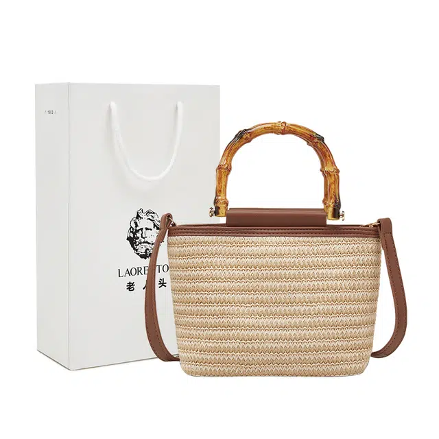 老人头 度假风编织 织物 单肩手提包 女款 杏色