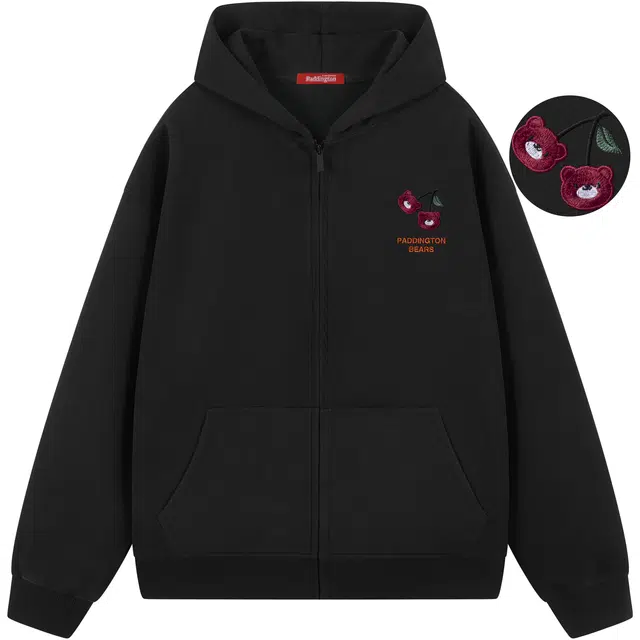 帕丁顿熊 樱桃小熊刺绣宽松休闲开衫重磅连帽卫衣 男女同款