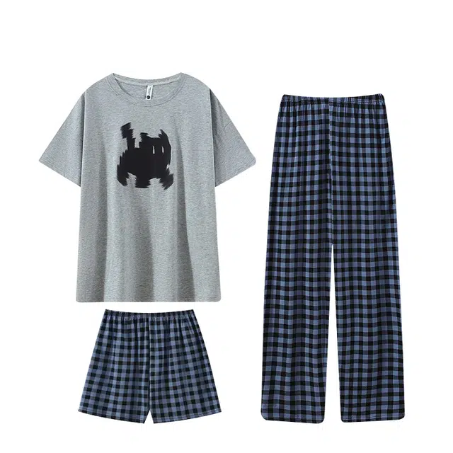 俏韵 舒适休闲卡通短袖长裤睡衣套装 女款 灰色