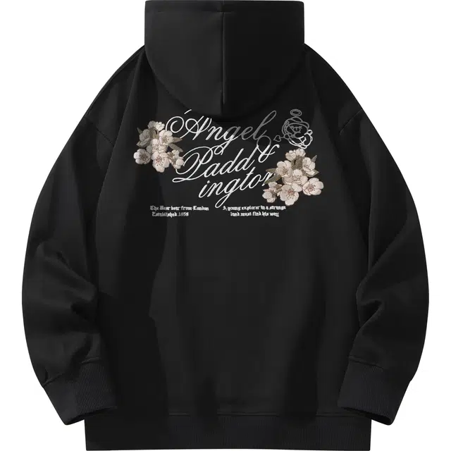 帕丁顿熊 新国风白桃花字母万针高端刺绣休闲宽松连帽重磅卫衣 男女同款