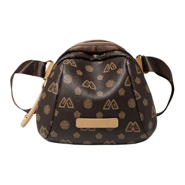 老人头 时尚简约小众印花 合成革 单肩斜挎包 女款 咖色