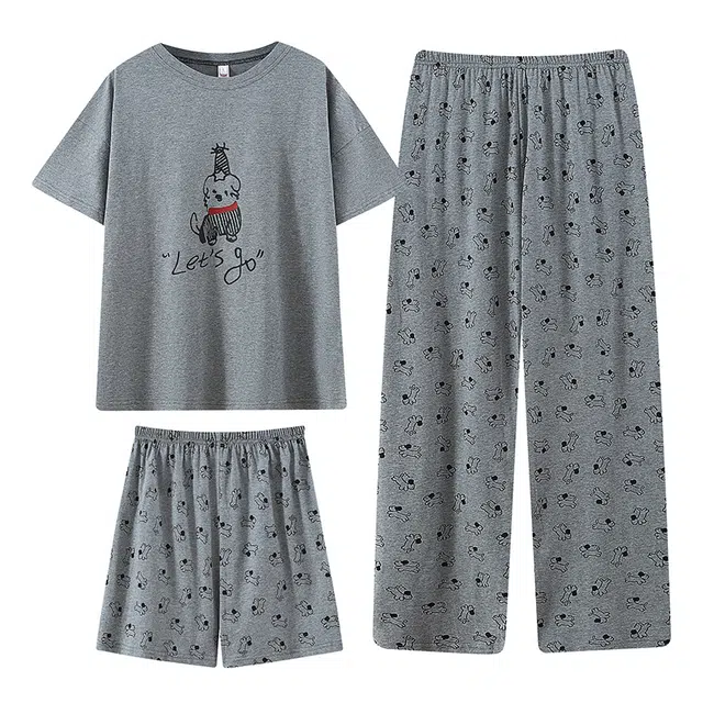 俞兆林 简约卡通圆领透气短袖可外穿休闲家居服睡衣套装 女款 深灰色