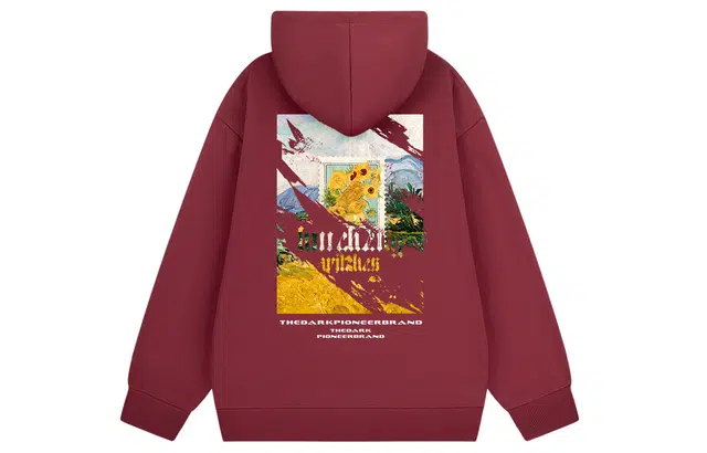 绘承 美式复古破碎向日葵油画印花宽松休闲青少年百搭落肩套头连帽长袖卫衣 男女同款