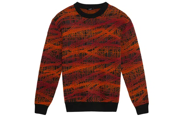 针织效果圆领满印套头宽松毛衣 男款 黑橙