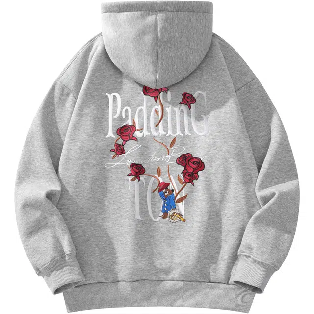 帕丁顿熊 绅士小熊玫瑰万针刺绣休闲百搭宽松连帽套头卫衣 男女同款