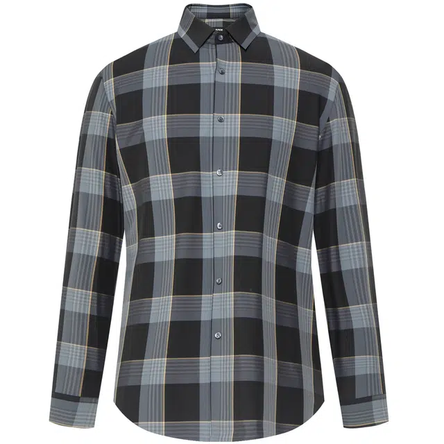 利郎 商务休闲色织修身格子尖领长袖衬衫 男款 黑灰