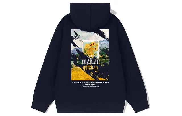 绘承 美式复古破碎向日葵油画印花宽松休闲青少年百搭落肩套头连帽长袖卫衣 男女同款