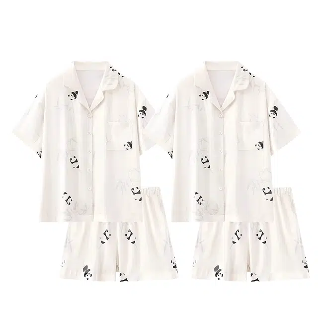 俏韵 翻领冰丝薄款熊猫短袖高级感家居服可外穿睡衣套装 男女同款