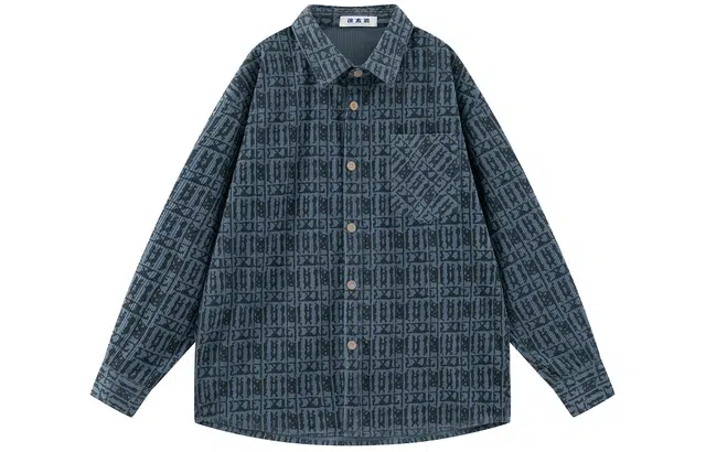 徐太浪 复古学院风满印提花翻领落肩单排扣宽松休闲长袖衬衫 男女同款