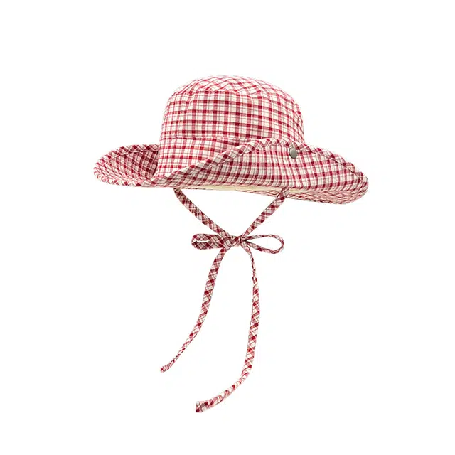 木林森 日系红色格纹大檐子春夏遮阳防晒户外登山帽 清新甜美 棉 渔夫帽 男女同款情侣款