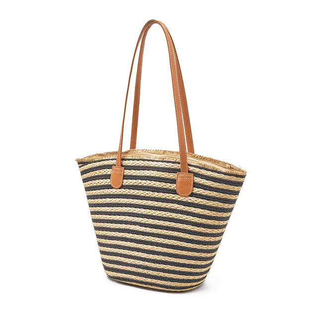 老人头 度假慵懒风时尚休闲百搭编织 织物 单肩包 女款 黑色/米色