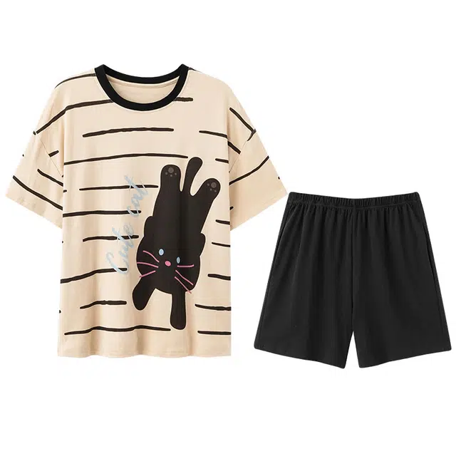 向薇 条纹圆领大码短袖上衣可外穿居家服三分裤睡衣套装 女款 图片色