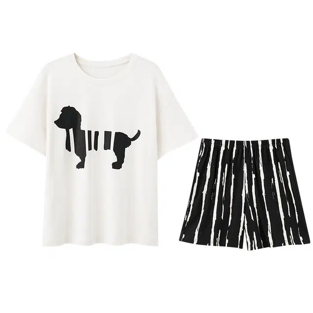 向薇 简约舒适透气圆领短袖上衣居家服可外穿三分裤睡衣套装 女款 图片色