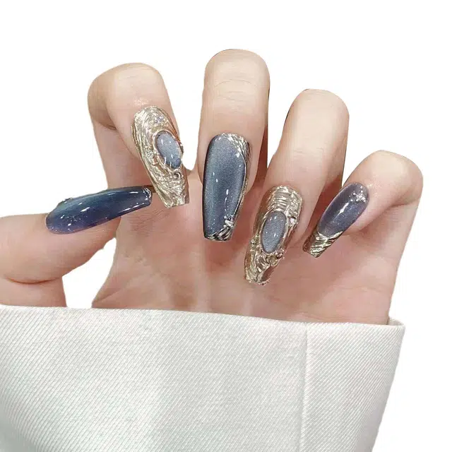 韵月乔 纯手工成品灯泡猫眼布契拉  穿戴甲 中梯蓝色纯色 纯欲