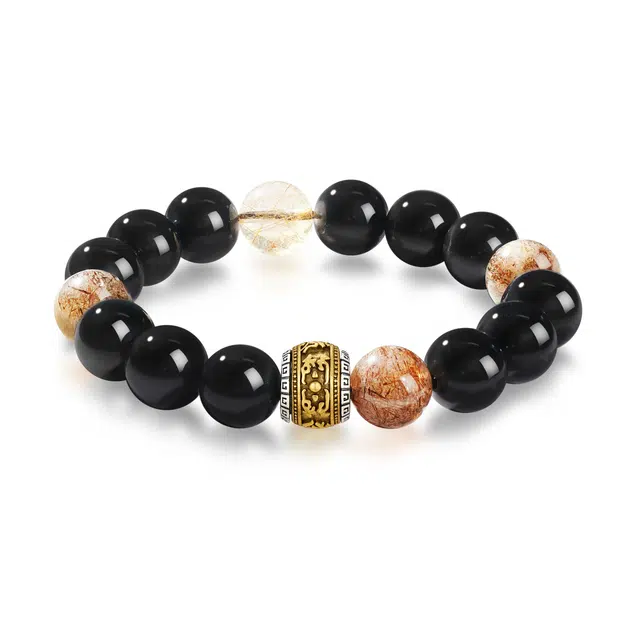 中国黄金 珍·尚银 六字箴言转经筒 招财转运珠 新中式国风潮流复古百搭 蛇年时来运转 小众轻奢本命年礼盒男友#好运 黑曜石 玉石手串 男款