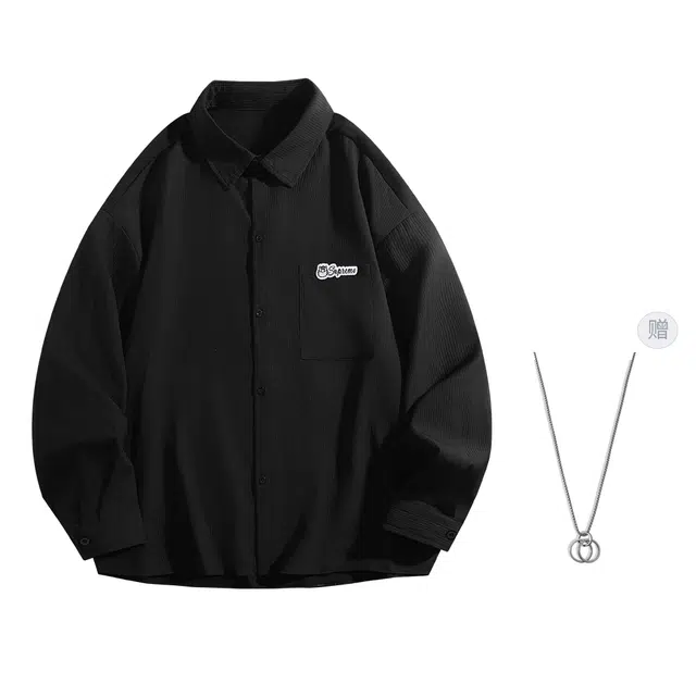 吾皇猫 美拉德条纹基础款纯色大码宽松美式复古垂感免烫翻领长袖衬衫 男女同款 赠项链