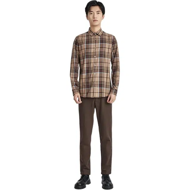 迪柯尼 时尚潮流复古格子易打理长袖衬衫 男款 啡混格