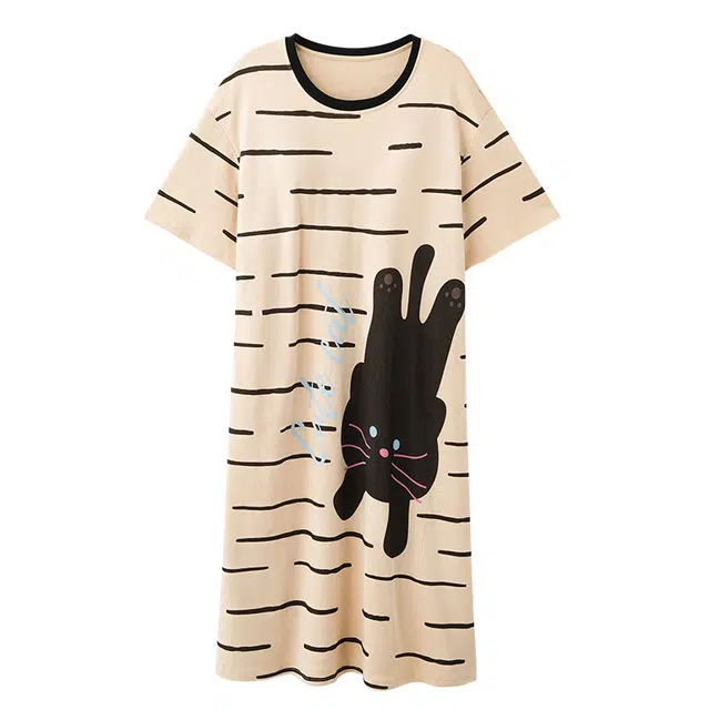 向薇 圆领条纹纯棉短袖中长款可爱可外穿家居服睡裙 女款 图片色