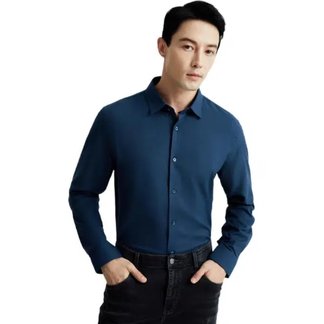 迪柯尼 纯色简约磨毛保暖休闲长袖衬衫 男款 月光蓝