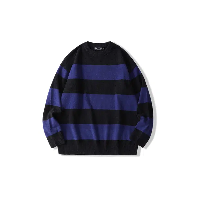 我是大卫 撞色不规则拼接宽松横条条纹落肩套头针织衫 男女同款