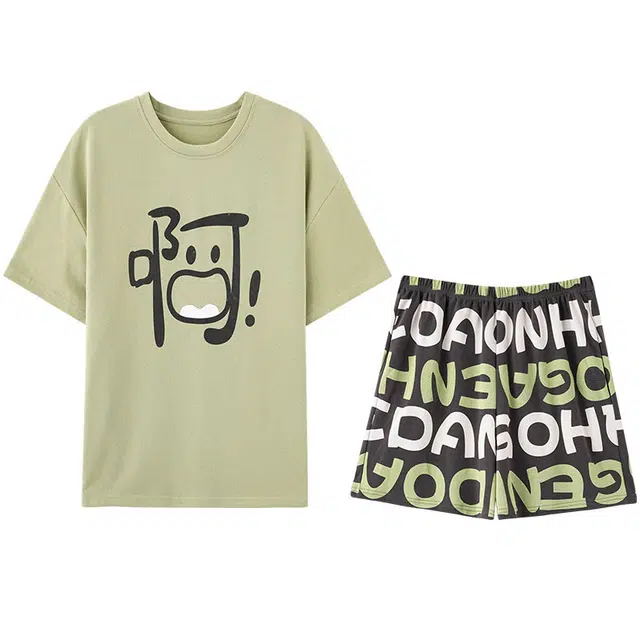 向薇 纯棉圆领短袖字母满印裤子两件可爱卡通高级感外穿居家服睡衣套装 女款 图片色