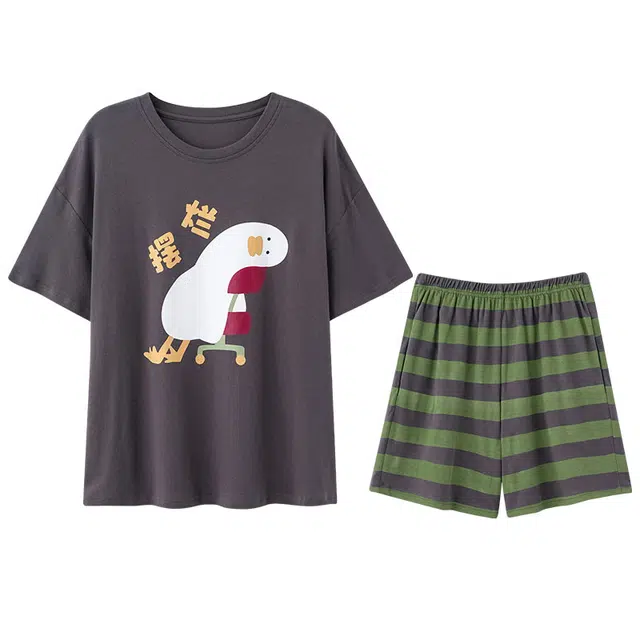 向薇 卡通舒适圆领短袖上衣家居服可外穿三分裤睡衣套装 女款 图片色