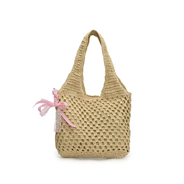 單倉 慵懒风编制包海边度假沙滩休闲百搭 草编 单肩包 常规 女款 米白色/卡其色