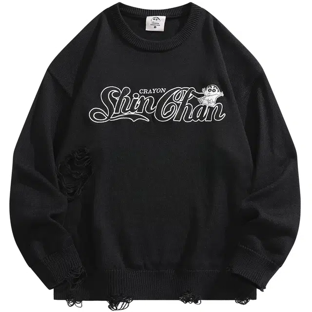 蜡笔小新 慵懒破坏设计卡通小新字母印花休闲套头针织衫 男女同款