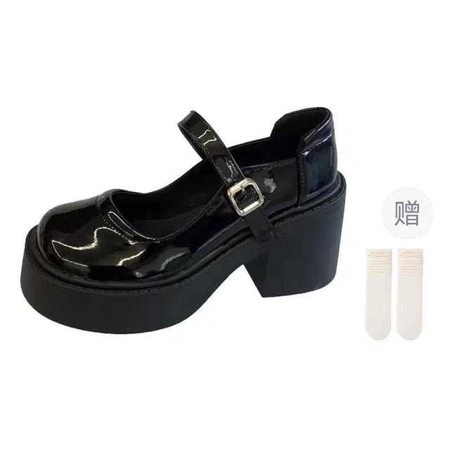 小鹿米利 合成革 增高复古法式 粗跟 玛丽珍鞋 女