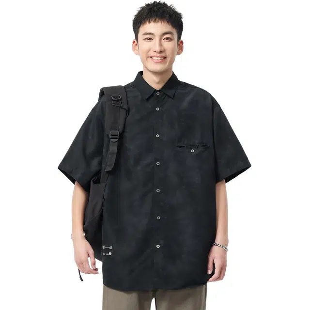 米素力 美式休闲宽松翻领短袖衬衫 男款 黑色