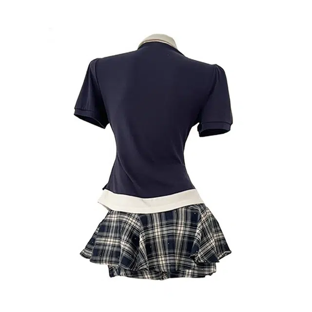 小菊川栗 美式复古学院风时尚显瘦薄荷漫波显瘦假两件上衣格纹短裙裙装套装 女款 藏蓝色