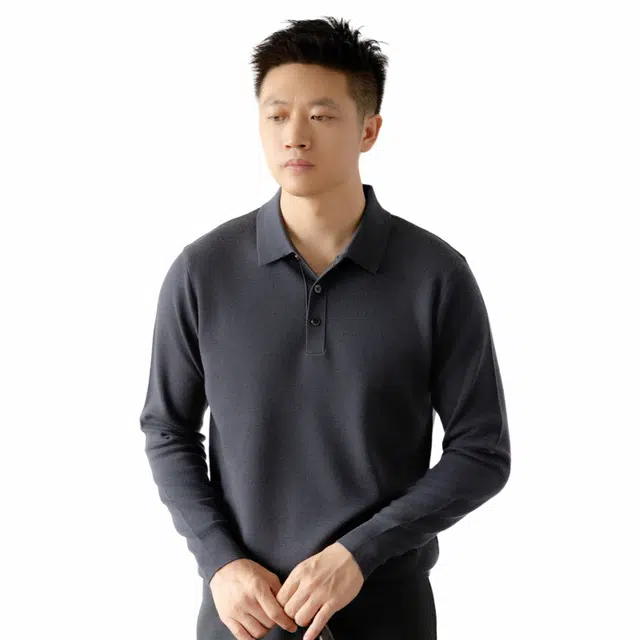 比利斯山羊 美丽诺钻石可机洗纯色翻领长袖毛衣 男款