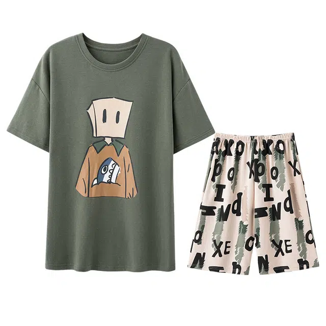 向薇 纯棉卡通图案圆领套头短袖可外穿家居服睡衣套装 男款 图片色