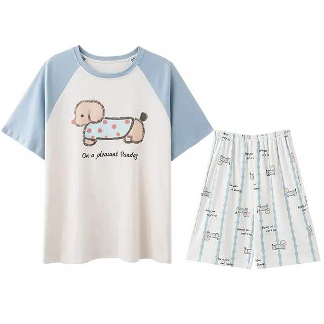 向薇 时尚简约短袖休闲可外穿家居服睡衣套装 男款 图片色