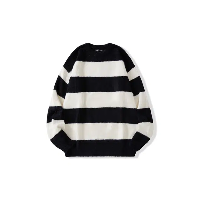 我是大卫 撞色条纹圆领套头宽松拼色基础款韩版针织衫 男女同款