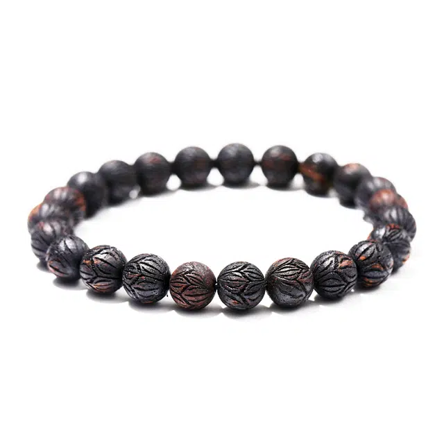 钵提 复古精美雕刻单圈莲花纹理手持盘玩手持单圈念珠盒装木制 降真香 木作手串 男女同款情侣款