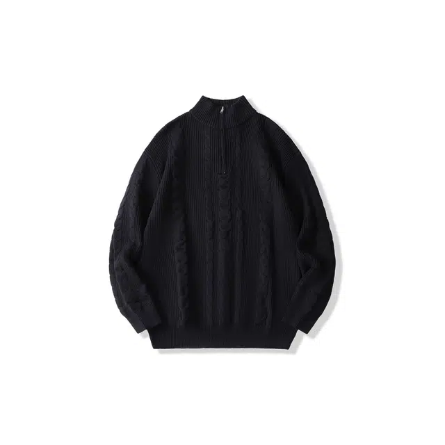 我是大卫 提花慵懒风基础款半开襟落肩高领长袖针织衫 男女同款