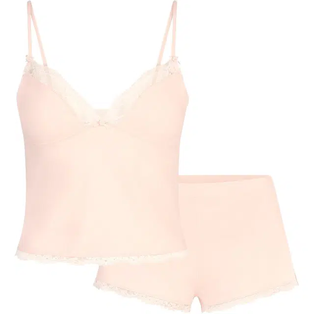 SKIMS SS25 COTTON JERSEY LACE CAMI AND SHORT SET PRIMROSE