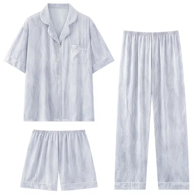 俏韵 翻领带胸垫短袖凉感高级感薄款家居服可外穿睡衣套装 女款 蓝色