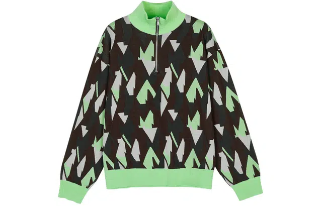 速写 宽松撞色拼接几何图案印花针织立领长袖针织衫 男女同款